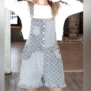 POL:overall short, relaxed fit, small pocket detailing, adjustable straps.